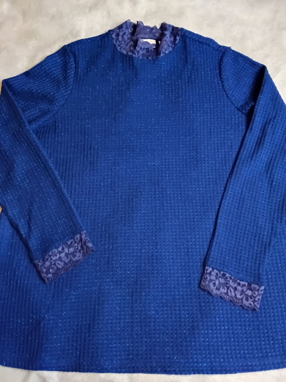 LOGO By Lori Goldstein Blue Sweater Lace Trim Metallic Waffle Knick Mock Neck